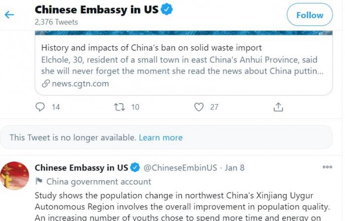 تويتر تغلق حساب السفارة الصينية بسبب الأويغور